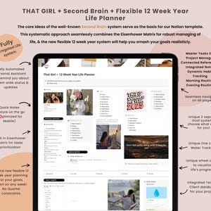 May include: A digital life planner displayed on a tablet. The planner features a 12-week year system, task prioritisation, and a water tracker. Text on the screen reads "THAT GIRL + Second Brain + Flexible 12 Week Year Life Planner."