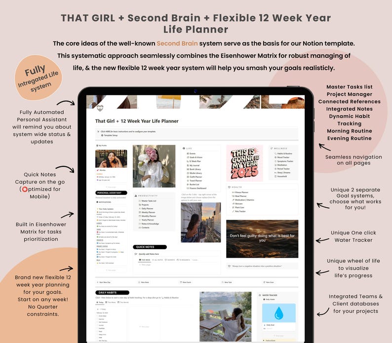 May include: A digital life planner displayed on a tablet. The planner features a 12-week year system, task prioritisation, and a water tracker. Text on the screen reads "THAT GIRL + Second Brain + Flexible 12 Week Year Life Planner."