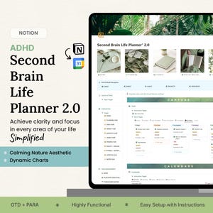 Op de afbeelding: Een digitale planner voor Notion, genaamd "Second Brain Life Planner 2.0", ontworpen om mensen met ADHD te helpen helderheid en focus in hun leven te bereiken. De planner heeft een rustgevende natuur-esthetiek en dynamische grafieken. Het bevat secties voor het vastleggen van ideeën, kalenders en een GTD + PARA-methode.