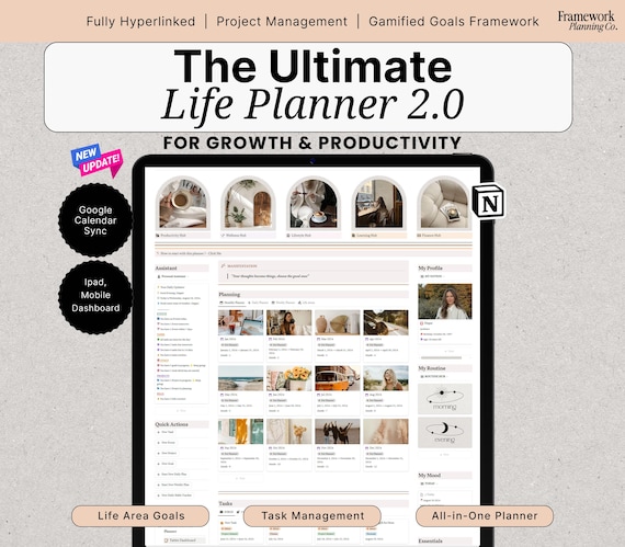 Ultimate Life Planner, All-in-One Dashboard & ADHD Friendly Digital Template with That Girl Aesthetic Notion Second Brain