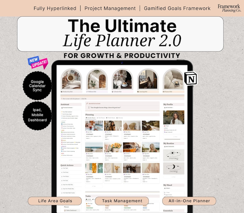 Ultimate Life Planner, All-in-One Dashboard & ADHD Friendly Digital Template with That Girl Aesthetic Notion Second Brain image 1