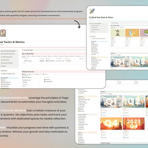 May include: A digital planner with a colorful design and the text "Goal Tactics & Metrics" and "12 Week Year Goals & Vision". The planner is divided into sections for weekly and quarterly goals, with a focus on setting objectives, tracking progress, and visualizing growth.