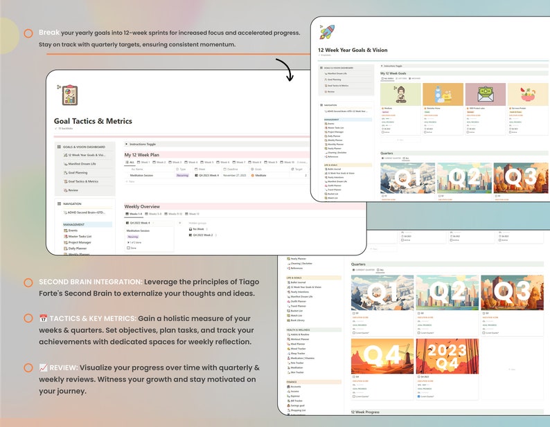 May include: A digital planner with a colorful design and the text "Goal Tactics & Metrics" and "12 Week Year Goals & Vision". The planner is divided into sections for weekly and quarterly goals, with a focus on setting objectives, tracking progress, and visualizing growth.