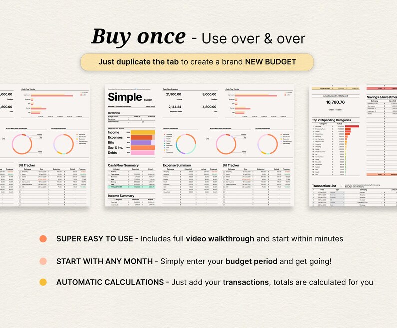 May include: A digital financial spreadsheet with multiple tabs, including budget trackers and summaries. The text reads "Buy once - Use over & over" and "Just duplicate the tab to create a brand NEW BUDGET". Features include automatic calculations and easy-to-use design.