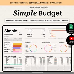May include: A digital budget planner displayed on a tablet, featuring a clean and minimal aesthetic. The screen shows a budget overview, income, expenses, and bill tracker. Text includes "Simple Budget," "Beginner Friendly," and "Bonus Goal Tracker."