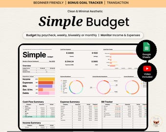 May include: A digital budget planner displayed on a tablet, featuring a clean and minimal aesthetic. The screen shows a budget overview, income, expenses, and bill tracker. Text includes "Simple Budget," "Beginner Friendly," and "Bonus Goal Tracker."
