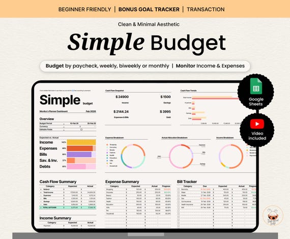 Simple Budget Spreadsheet Google Sheets | Monthly Budget Planner Dashboard