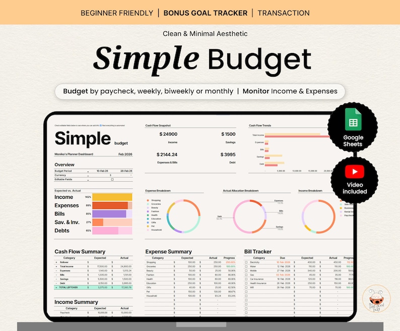 May include: A digital budget planner displayed on a tablet, featuring a clean and minimal aesthetic. The screen shows a budget overview, income, expenses, and bill tracker. Text includes "Simple Budget," "Beginner Friendly," and "Bonus Goal Tracker."