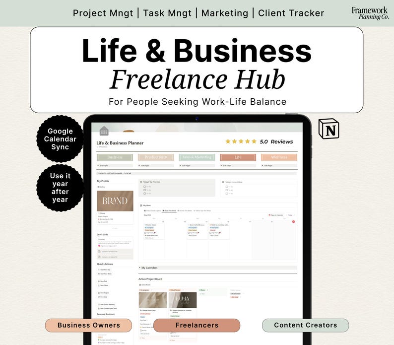Notion Life & Business Planner | Client and Project Management Dashboard | Freelance Content and Social Media Tracker image 1