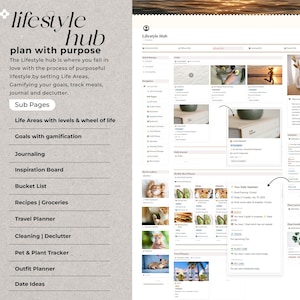 May include: A screenshot of a website called "Lifestyle Hub" with a light brown background. The website features a list of subpages, including "Life Areas with levels & wheel of life", "Goals with gamification", "Journaling", "Inspiration Board", "Bucket List", "Recipes | Groceries", "Travel Planner", "Cleaning | Declutter", "Pet & Plant Tracker", "Outfit Planner", and "Date Ideas".