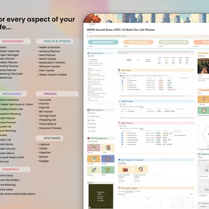 May include: A colorful planner with sections for management, life and goals, health and wellness, and finance. The planner includes a calendar, to-do lists, and trackers for various aspects of life. The planner is designed to help people organize their time and achieve their goals.