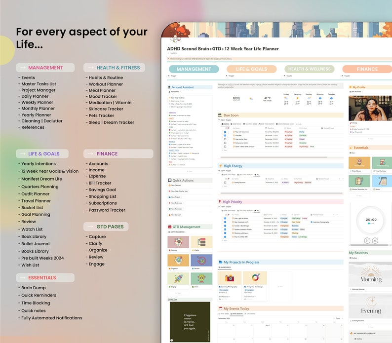 May include: A colorful planner with sections for management, life and goals, health and wellness, and finance. The planner includes a calendar, to-do lists, and trackers for various aspects of life. The planner is designed to help people organize their time and achieve their goals.