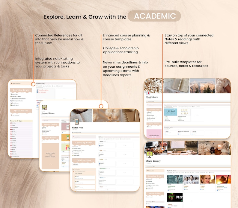 May include: A screenshot of a computer screen showing a digital note-taking app with multiple tabs labeled "Learning Resources", "Courses | Classes", "Notes Hub", "Book Library", and "Media Library". The app has a light background and features a variety of organizational tools for students.