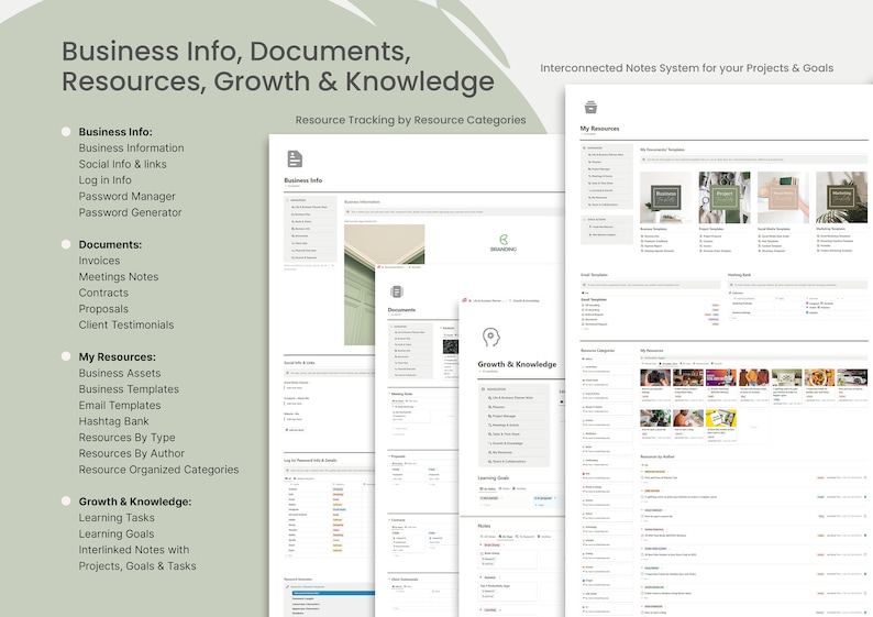 May include: A digital interface with the text "Business Info, Documents, Resources, Growth & Knowledge." The interface is divided into sections including Business Info, Documents, My Resources, and Growth & Knowledge. The interface also includes the text "Interconnected Notes System for your Projects & Goals."