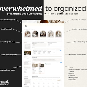 May include: A digital business planner interface with the text "overwhelmed to organized" and "Streamline your workflow with one complete system." The planner includes sections for client structure, templates, projects, and business roadmap.