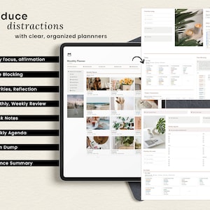 May include: A digital planner with a monthly calendar view, a weekly agenda, and a brain dump section. The planner is designed to help users reduce distractions and stay organized.