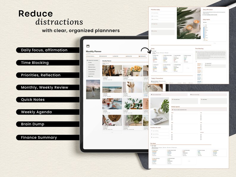 May include: A digital planner with a monthly calendar view, a weekly agenda, and a brain dump section. The planner is designed to help users reduce distractions and stay organized.
