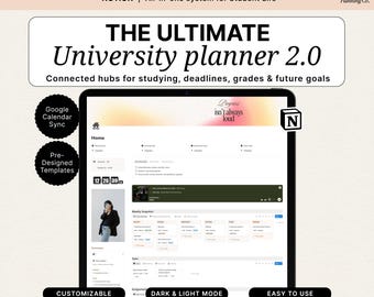 Plantilla de planificador universitario Notion, planificador para estudiantes universitarios, planificador académico, seguimiento de tareas, seguimiento de exámenes, organizador de apuntes de clase