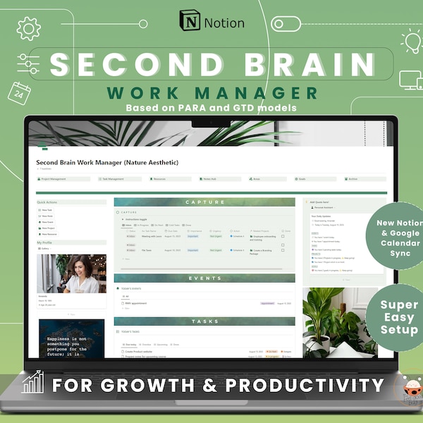 Notion Template Notion Second Brain Work Dashboard ADHD Friendly Nature Aesthetic Notion Project Tasks Notion Goals Notion Business planner