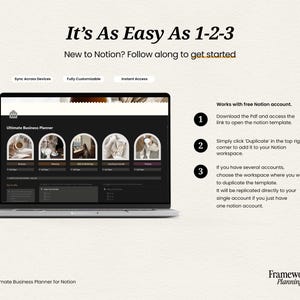 May include: A laptop displays a Notion business planner interface with the text "It's As Easy As 1-2-3." The screen shows a black and white interface with several icons. The text reads "Ultimate Business Planner for Notion."