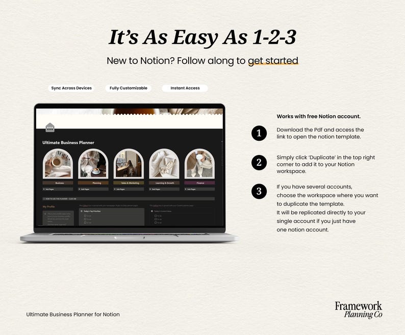 May include: A laptop displays a Notion business planner interface with the text "It's As Easy As 1-2-3." The screen shows a black and white interface with several icons. The text reads "Ultimate Business Planner for Notion."
