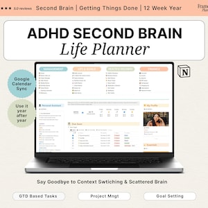 Notion ADHD Planner | Second Brain, GTD & 12 Week Year Life Dashboard Template