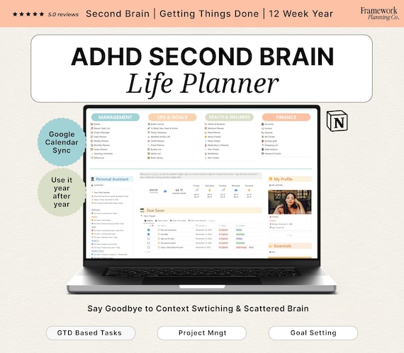 Notion ADHD Planner | Second Brain, GTD & 12 Week Year Life Dashboard Template