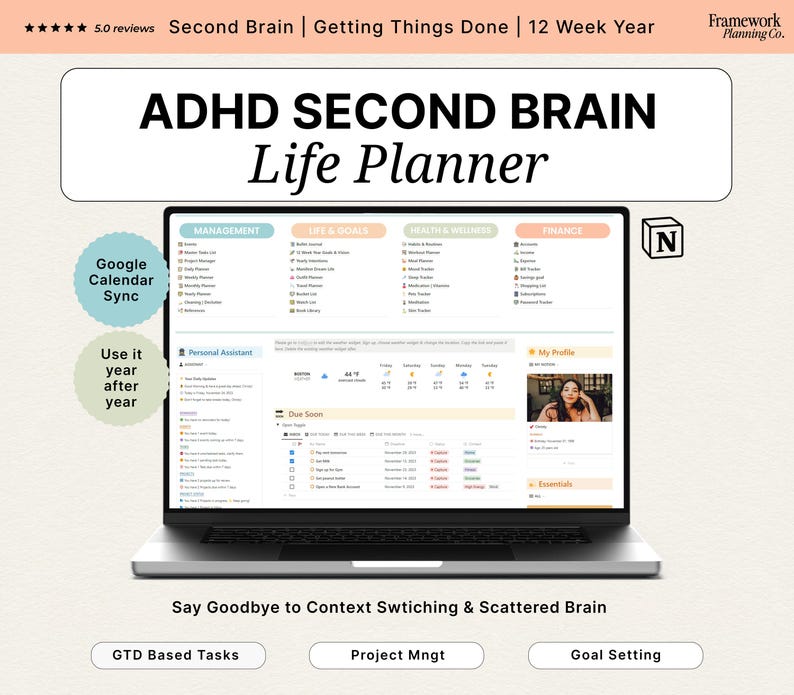 Notion ADHD Planner | Second Brain, GTD & 12 Week Year Life Dashboard Template image 1