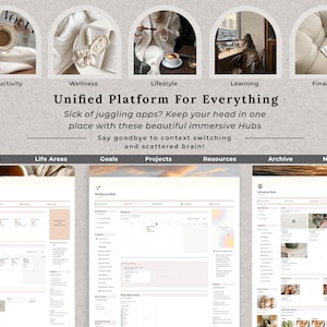 May include: A screenshot of a website showcasing a unified platform for managing tasks, life areas, goals, projects, resources, archive, and notes. The website features a clean and modern design with a white background and grey text. The website is divided into sections for each category, with a header that reads "Unified Platform For Everything". Sick of juggling apps? Keep your head in one place with these beautiful immersive Hubs. Say goodbye to context switching and scattered brain!