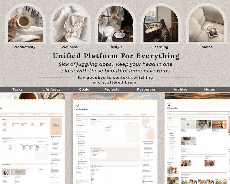 May include: A screenshot of a website showcasing a unified platform for managing tasks, life areas, goals, projects, resources, archive, and notes. The website features a clean and modern design with a white background and grey text. The website is divided into sections for each category, with a header that reads "Unified Platform For Everything". Sick of juggling apps? Keep your head in one place with these beautiful immersive Hubs. Say goodbye to context switching and scattered brain!