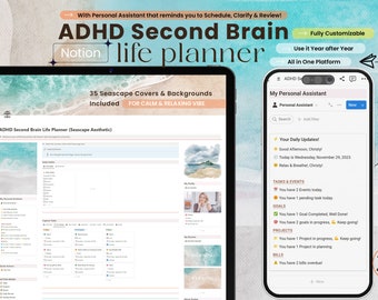ADHD Notion Template Second Brain Notion Dashboard ADHD All in One Aesthetic Notion Planner Productivity Notion Life Planner ADHD Adult