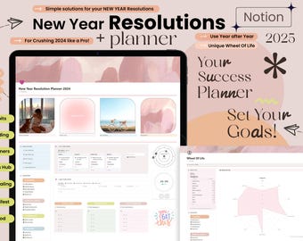 Plantilla de Notion, Planificador de propósitos de Año Nuevo, Planificador de vida de Notion, Diario estético de Notion, Rastreador de objetivos de Notion, Planificador digital para TDAH
