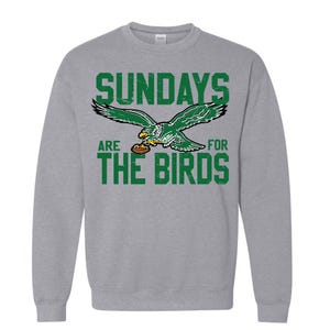 May include: A gray sweatshirt with a green eagle graphic and the text "Sundays Are For The Birds".