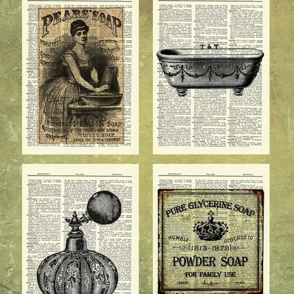 Special 4 Print Vintage Bathroom Set, Antique Bathtub, Bathroom, Vintage Dictionary Art Print, Picture, Upcycled Gift, Home Decor Hanging