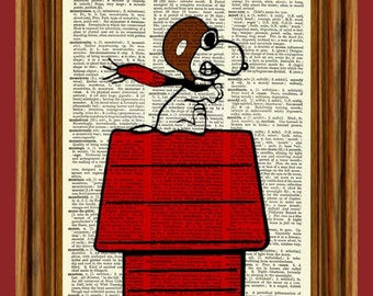 Charlie Brown Snoopy Aviator Vintage Dictionary Art Print, foto, upcycled antiek cadeau, Home Decor hangende pinda's