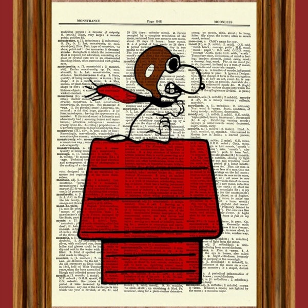Charlie Brown Snoopy Aviator Vintage Dictionary Art Print, Picture, Upcycled Antique Gift, Home Decor Hanging Peanuts