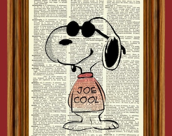 Snoopy, Joe Cool, Sunglasses, Charlie Brown, Vintage Dictionary Art Print, Picture, Upcycled Antique Gift, Home Decor Hanging Peanuts