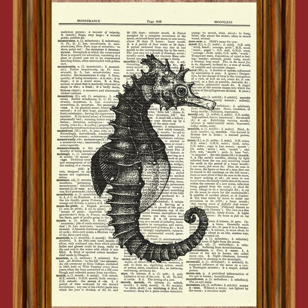 Seahorse, Vintage Dictionary Art Print, Picture, Upcycled Antique Gift, Home Decor Hanging, Sea life, Ocean, Underwater, Nautical
