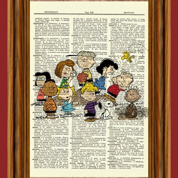 Charlie Brown Vintage Dictionary Art Print, Picture, Upcycled Antique Gift, Home Decor Hanging Peanuts Lucy Linus Pigpen Franklin Sally