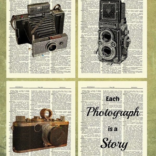 Special 4 Print Photography Set, Vintage Dictionary Art Print, Picture, Upcycled Antique Gift, Home Decor, Antique Rolleiflex Leica Polaroid