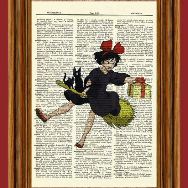 Studio Ghibli Kiki's Delivery Service Vintage Dictionary Art Print, Picture, Upcycled Antique Gift Home Decor Hanging Howl Sophie No Face