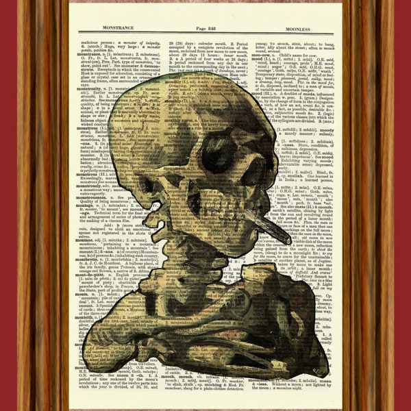 Vincent Van Gogh, Smoking Cigarette, Gothic Skull, Vintage Dictionary Art Print, Picture, Book Upcycled Antique Gift, Home Decor Hanging