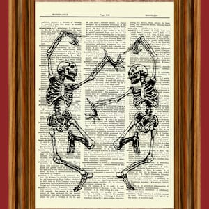 Dancing Skeletons, Vintage Dictionary Art Print, Picture, Upcycled Antique Gift, Home Decor Hanging, Dark Mystery Goth, Skull Eerie