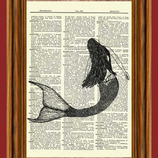 Mermaid Vintage Dictionary Art Print, Picture, Upcycled Antique Gift, Home Decor Hanging, Nautical Ocean Theme Ship