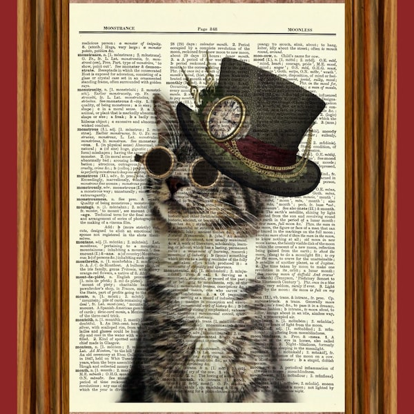 Steampunk Cat Tabby Vintage Dictionary Art Print, Picture, Upcycled Antique Gift, Curious Arts, Animal Home Decor Hanging