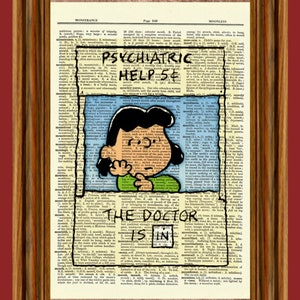 Charlie Brown Lucy Psychiatrist Booth Vintage Dictionary Art Print, Picture, Upcycled Antique Gift, Home Decor Hanging Peanuts