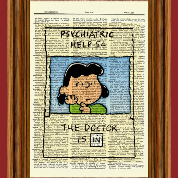Charlie Brown Lucy Psychiatrist Booth Vintage Dictionary Art Print, Picture, Upcycled Antique Gift, Home Decor Hanging Peanuts