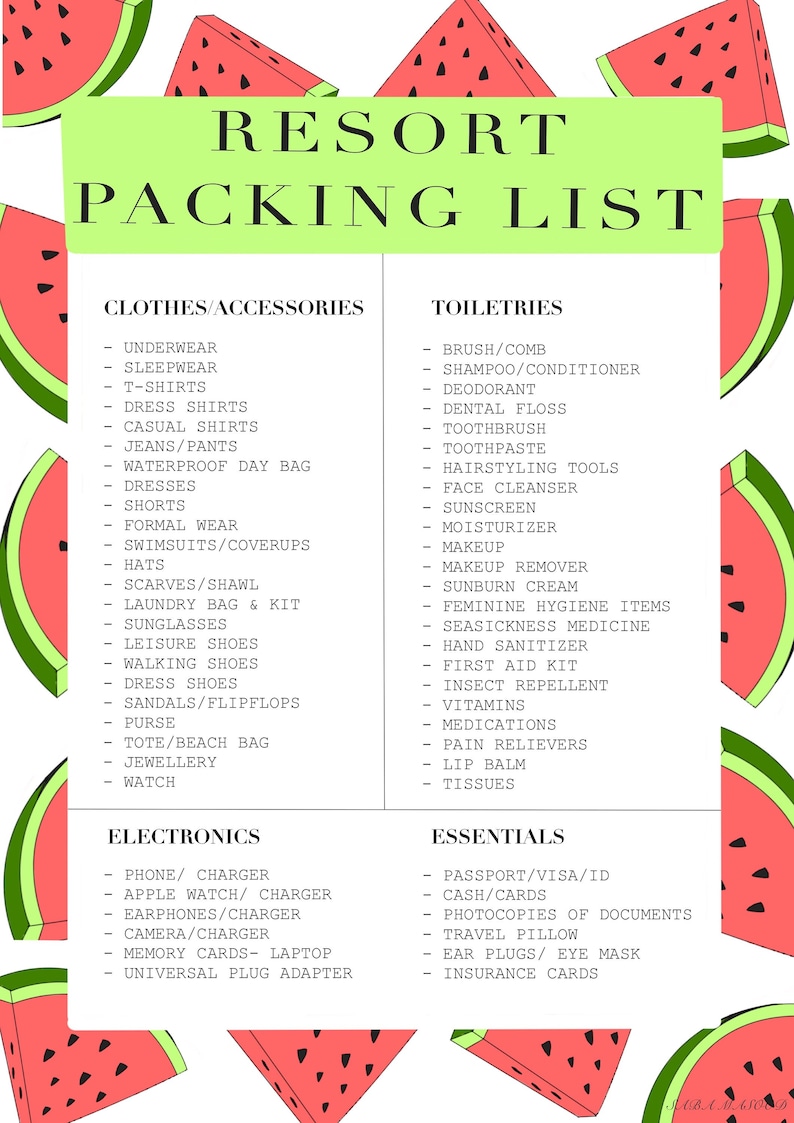 The ULTIMATE Resort Packing List Printable Etsy