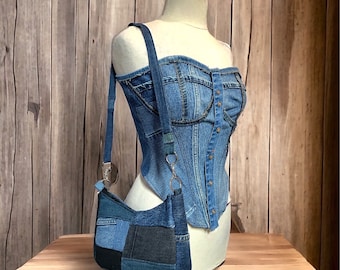 upcycled Patch work black and blue  denim handbag for women Multicolored denim contrast fabric  work with zipper and lining