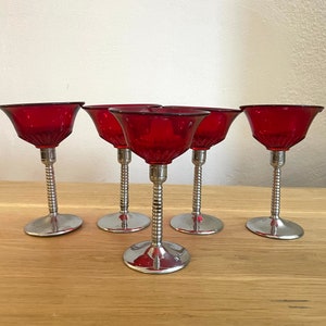 Vintage Paden City 215 Ruby Glades Pattern Cocktail Glasses on Metal Stems. Set of 5